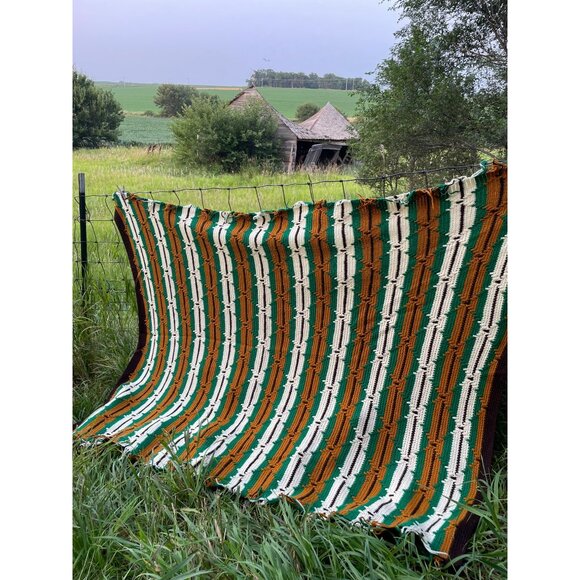 Vintage 1970s Crochet Afghan Blanket Green Brown & Cream Stripes  74x59 - Picture 13 of 14